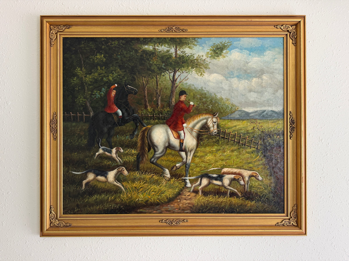 Large Vintage Oil Painting English Fox Hunt Horses Hounds Hunting Scene Art
