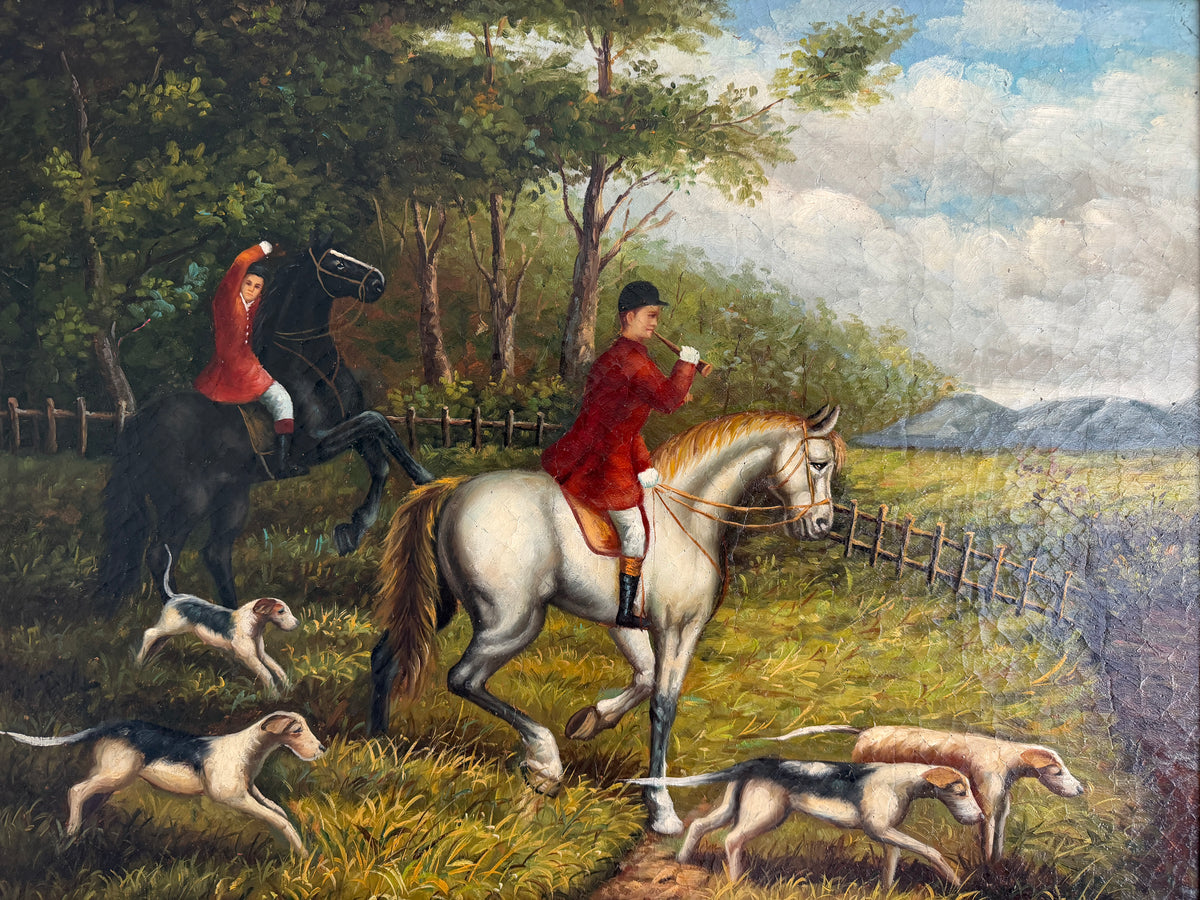 Large Vintage Oil Painting English Fox Hunt Horses Hounds Hunting Scene Art
