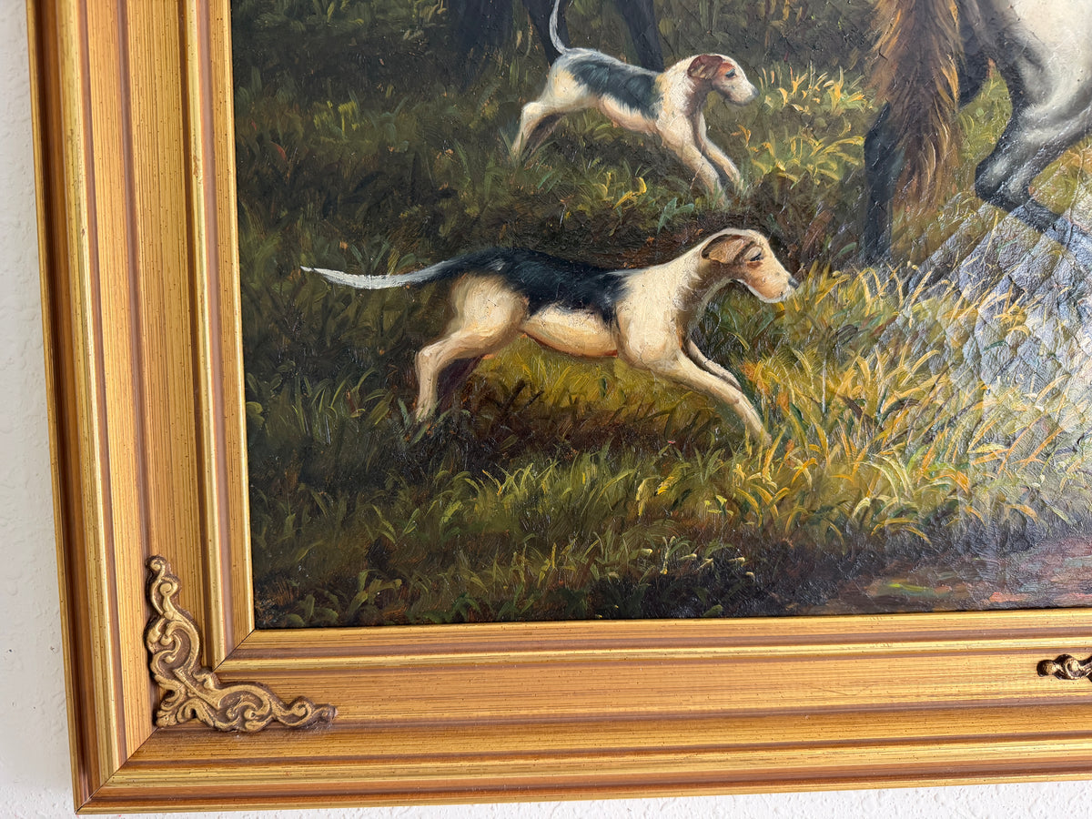 Large Vintage Oil Painting English Fox Hunt Horses Hounds Hunting Scene Art