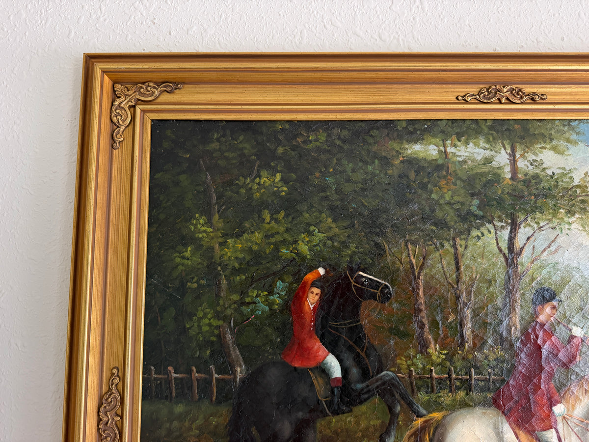 Large Vintage Oil Painting English Fox Hunt Horses Hounds Hunting Scene Art