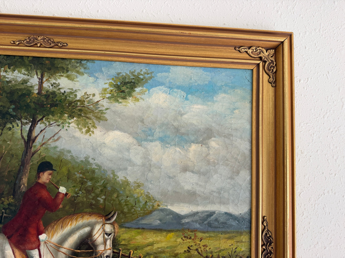 Large Vintage Oil Painting English Fox Hunt Horses Hounds Hunting Scene Art