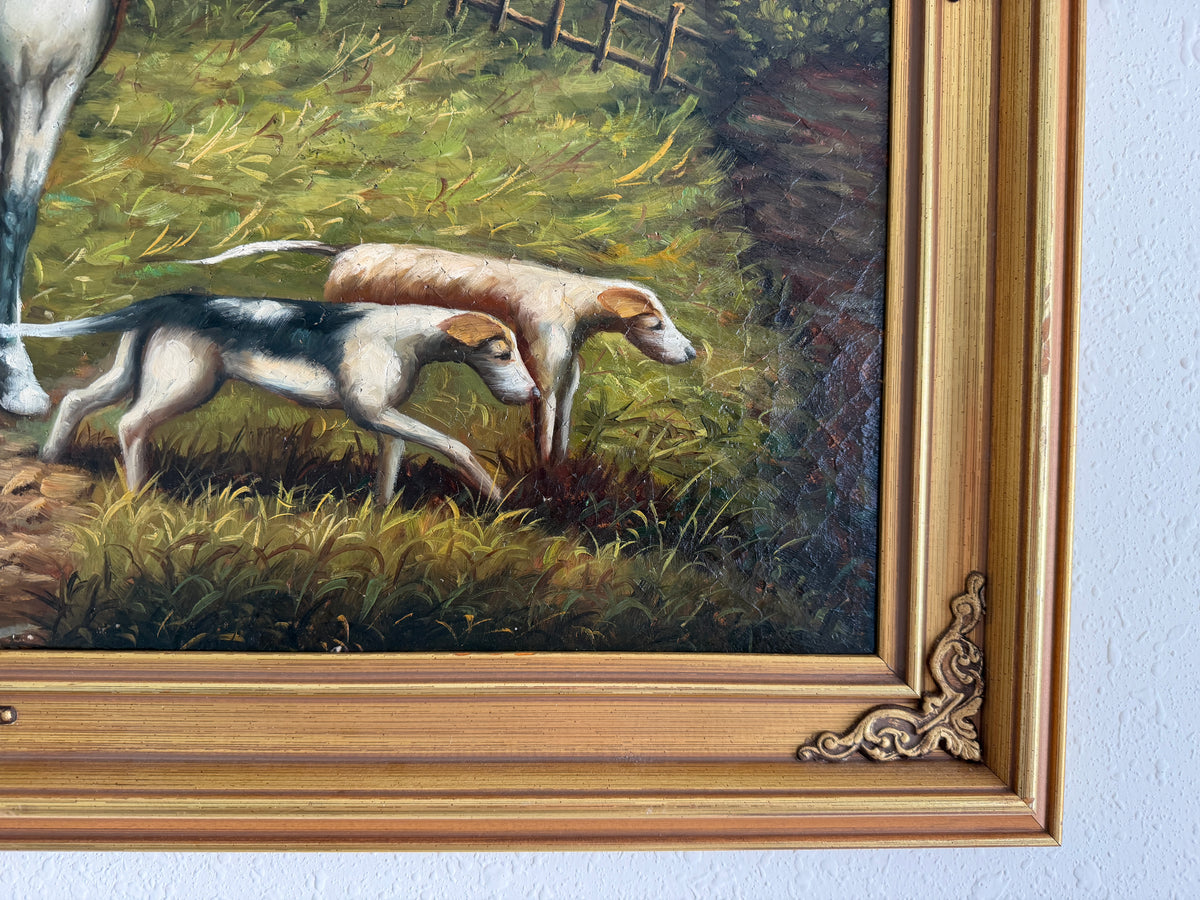 Large Vintage Oil Painting English Fox Hunt Horses Hounds Hunting Scene Art