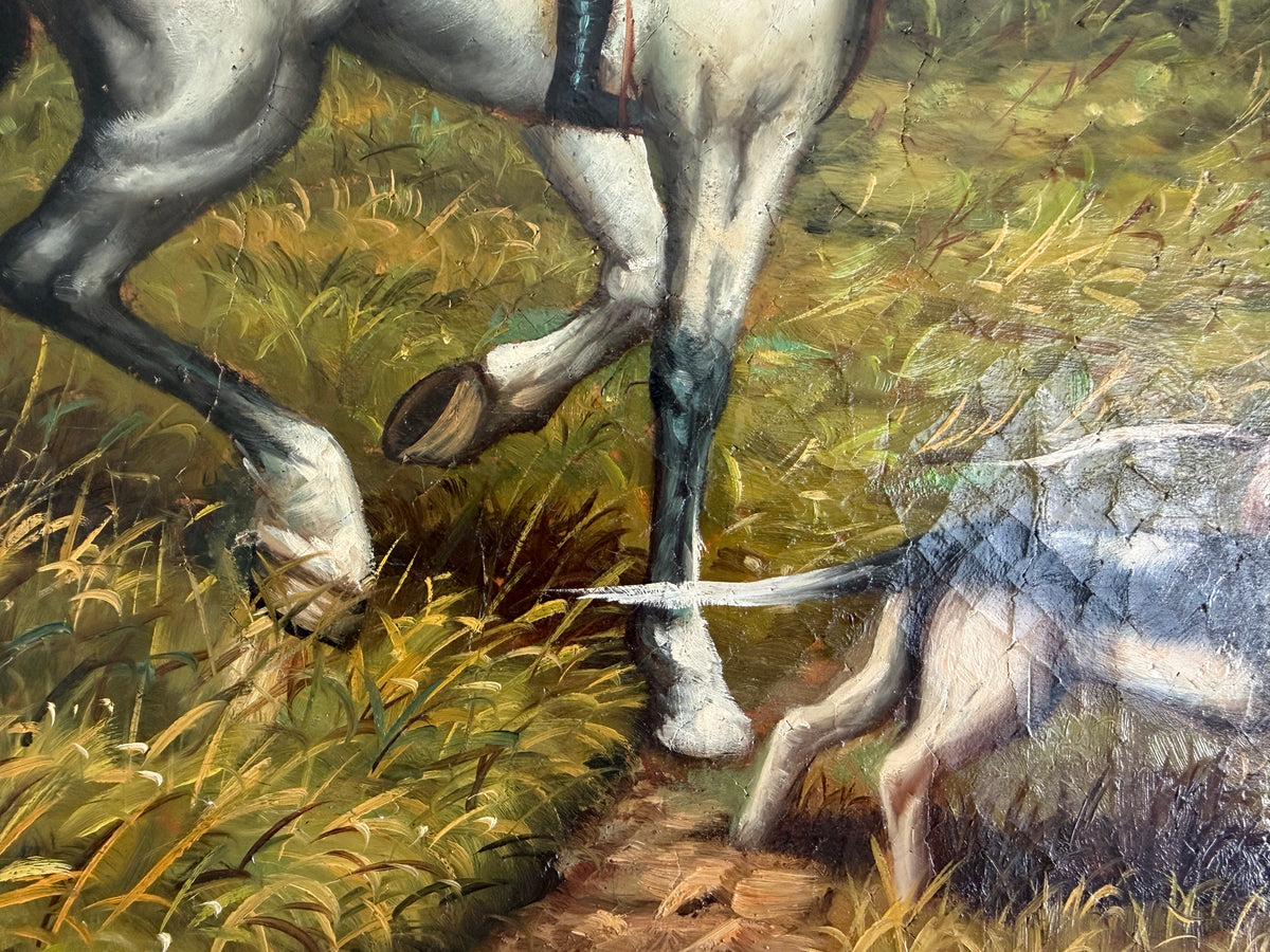 Large Vintage Oil Painting English Fox Hunt Horses Hounds Hunting Scene Art