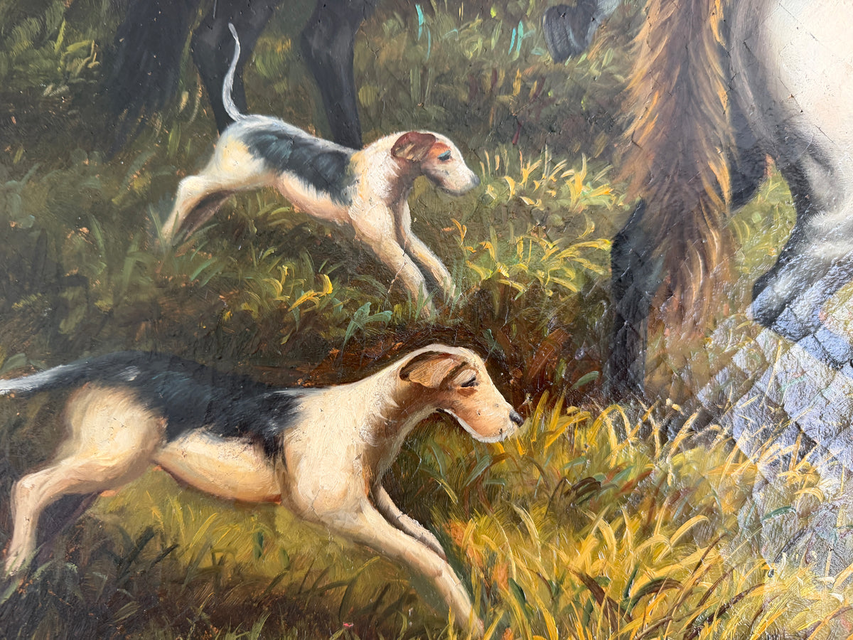 Large Vintage Oil Painting English Fox Hunt Horses Hounds Hunting Scene Art