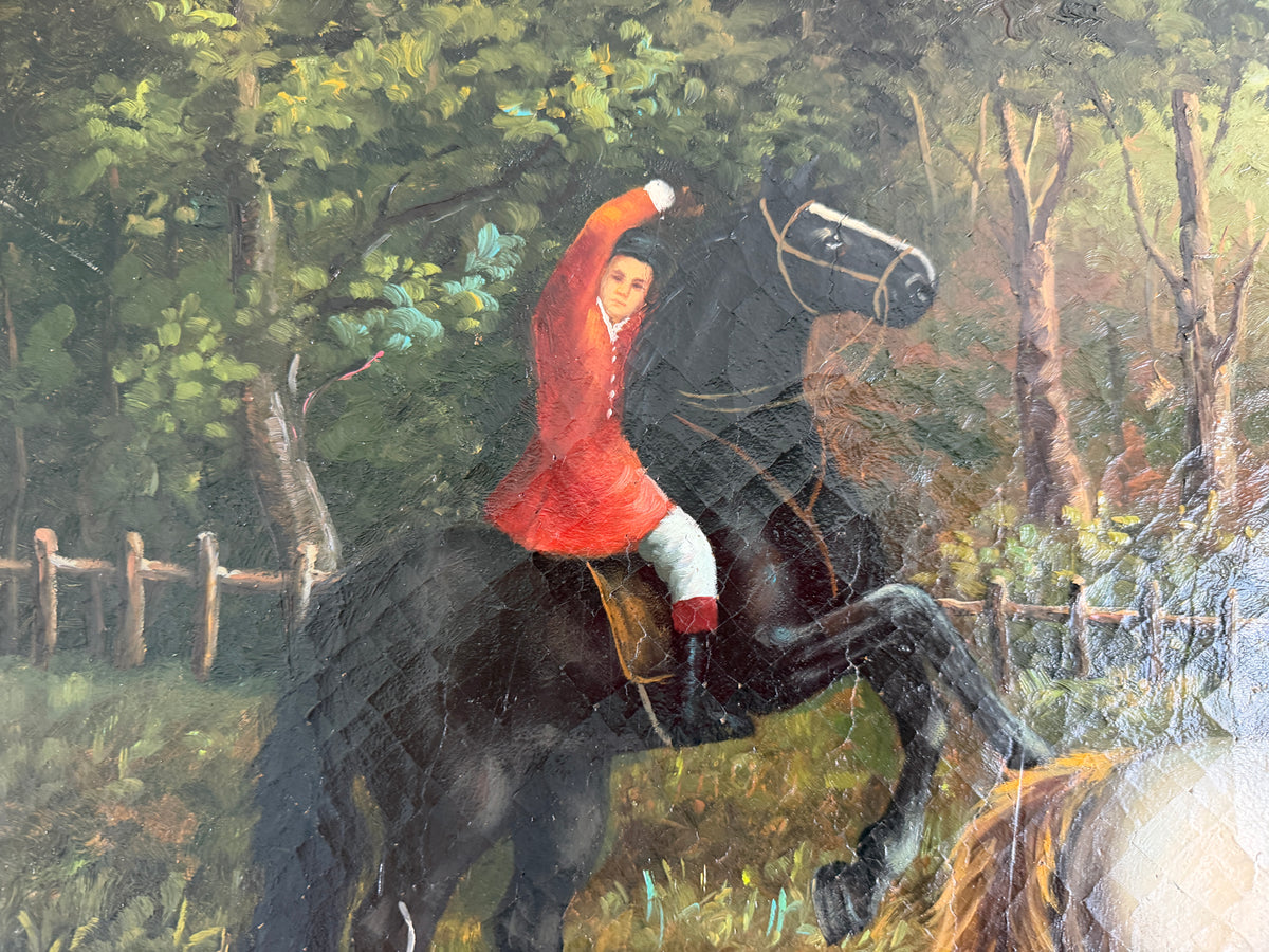 Large Vintage Oil Painting English Fox Hunt Horses Hounds Hunting Scene Art