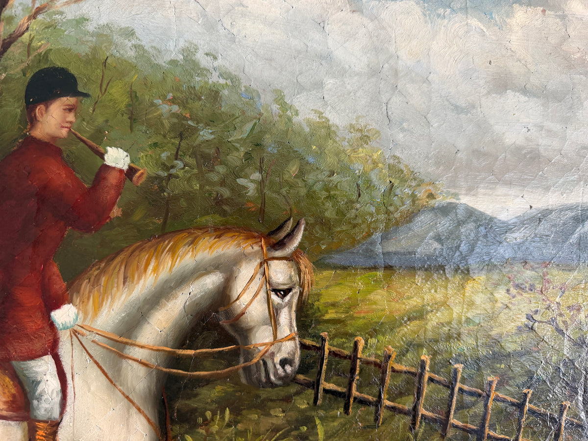 Large Vintage Oil Painting English Fox Hunt Horses Hounds Hunting Scene Art