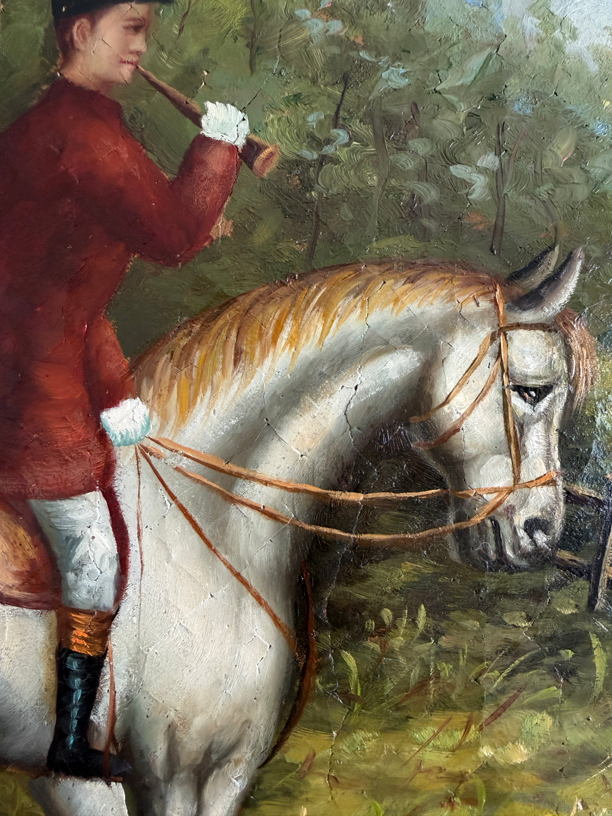 Large Vintage Oil Painting English Fox Hunt Horses Hounds Hunting Scene Art