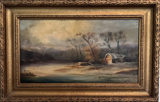 Antique Dutch Landscape Oil Painting on Board Rustic Cabin Winter Scene Unsigned