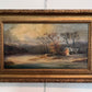 Antique Dutch Landscape Oil Painting on Board Rustic Cabin Winter Scene Unsigned