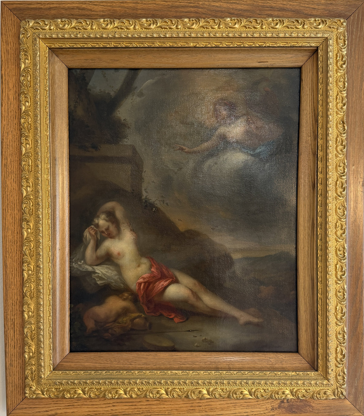 Late 17th Century European Baroque Oil Painting of Goddess and Cherub, Framed