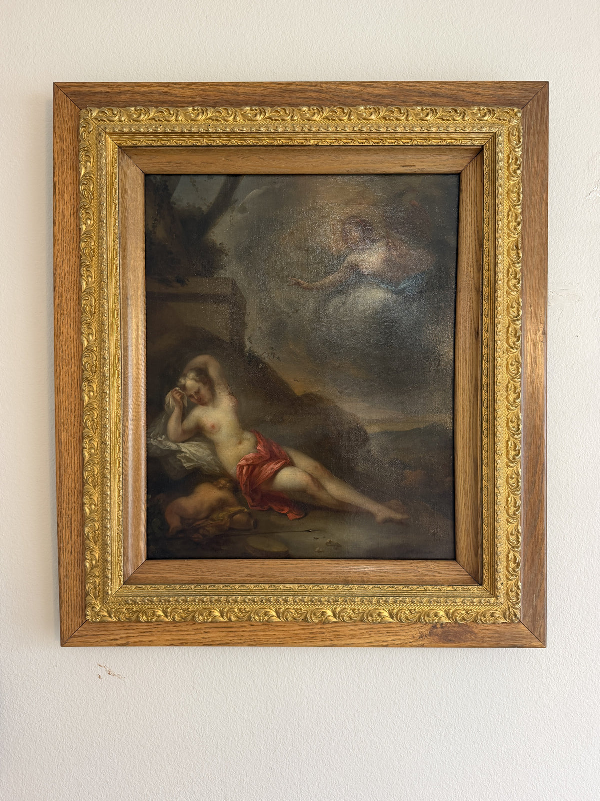Late 17th Century European Baroque Oil Painting of Goddess and Cherub, Framed
