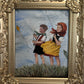Vintage Folk Art Painting Children Flying Kites Acrylic on Board Framed