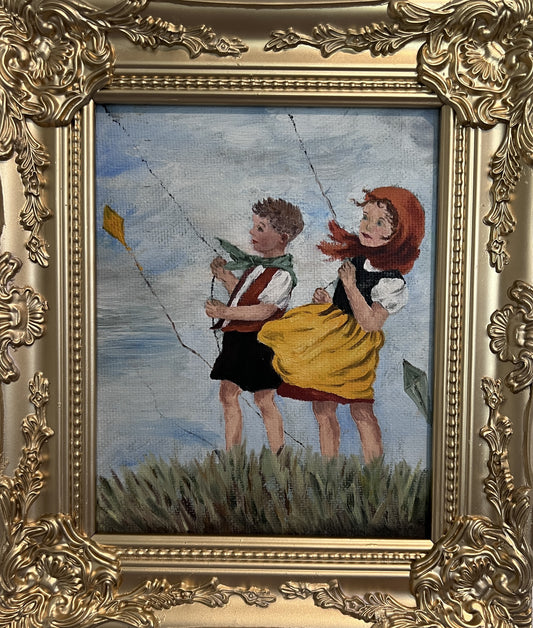 Vintage Folk Art Painting Children Flying Kites Acrylic on Board Framed
