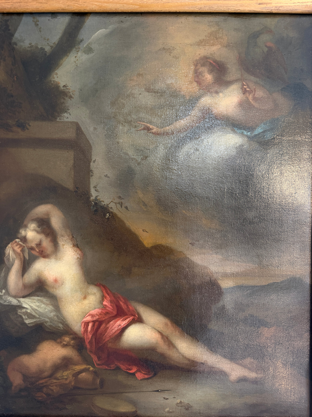 Late 17th Century European Baroque Oil Painting of Goddess and Cherub, Framed