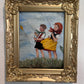 Vintage Folk Art Painting Children Flying Kites Acrylic on Board Framed