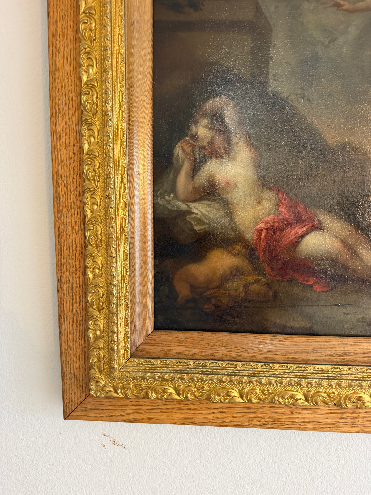 Late 17th Century European Baroque Oil Painting of Goddess and Cherub, Framed
