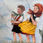 Vintage Folk Art Painting Children Flying Kites Acrylic on Board Framed