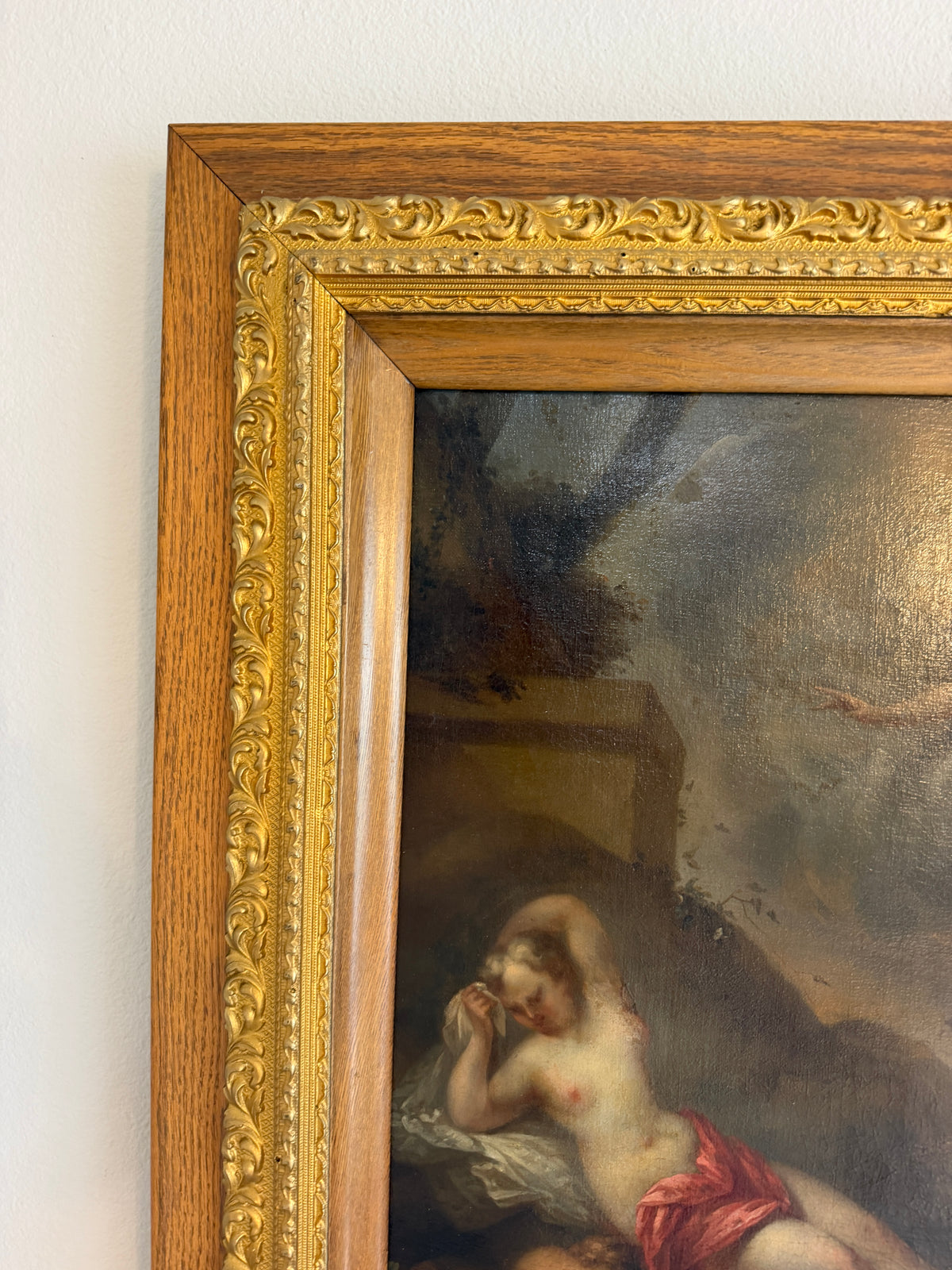 Late 17th Century European Baroque Oil Painting of Goddess and Cherub, Framed