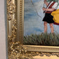 Vintage Folk Art Painting Children Flying Kites Acrylic on Board Framed