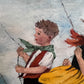 Vintage Folk Art Painting Children Flying Kites Acrylic on Board Framed