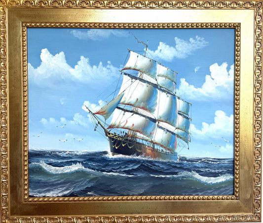Original Oil Painting Sailing Ship Seascape Maritime Art Ocean Waves Nautical