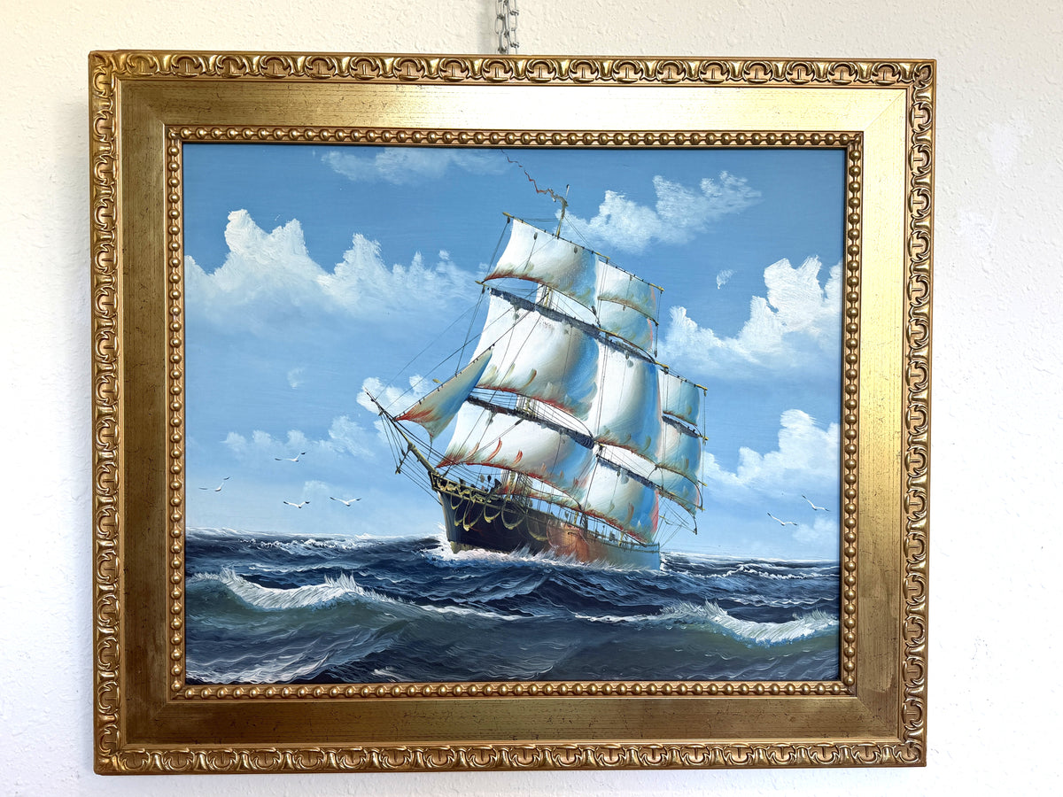 Original Oil Painting Sailing Ship Seascape Maritime Art Ocean Waves Nautical