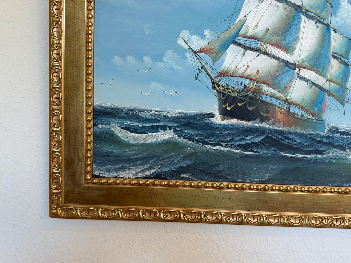 Original Oil Painting Sailing Ship Seascape Maritime Art Ocean Waves Nautical