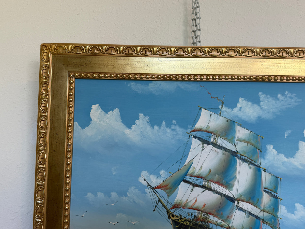 Original Oil Painting Sailing Ship Seascape Maritime Art Ocean Waves Nautical