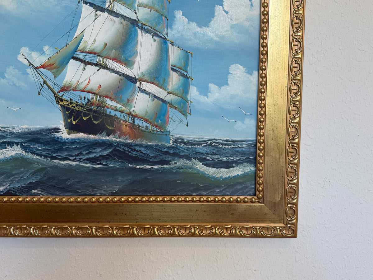 Original Oil Painting Sailing Ship Seascape Maritime Art Ocean Waves Nautical