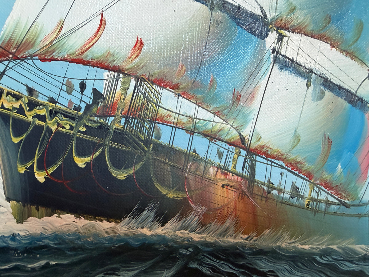 Original Oil Painting Sailing Ship Seascape Maritime Art Ocean Waves Nautical