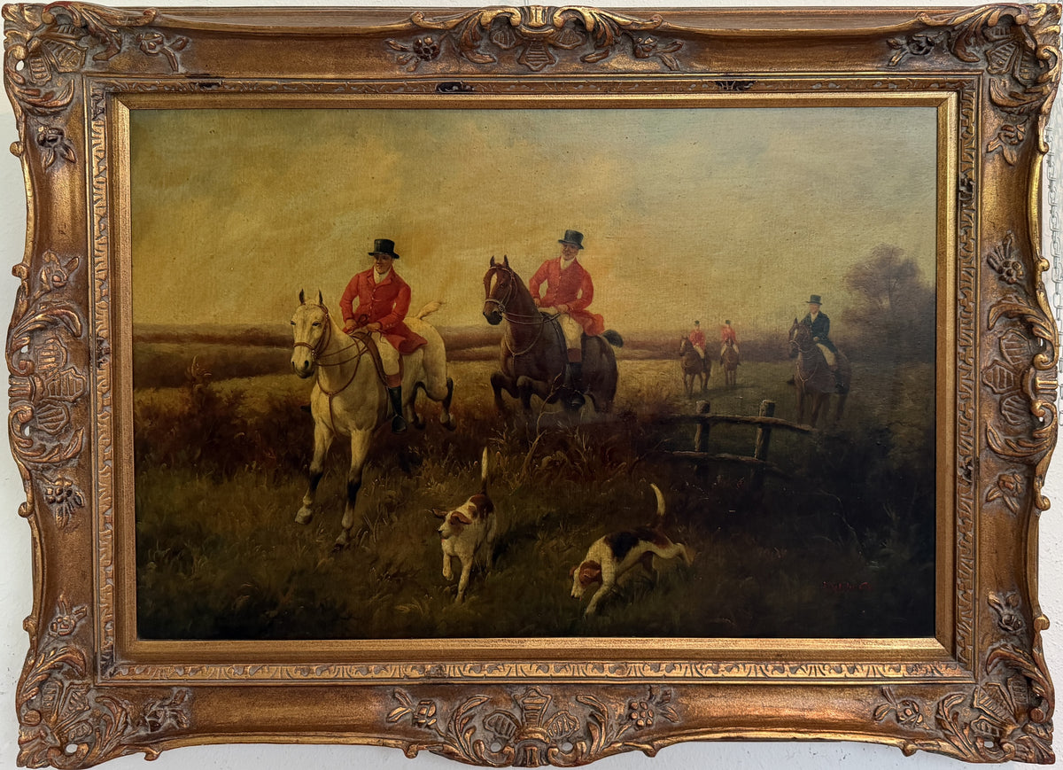 Large Vintage Oil Painting English Fox Hunt Horses Hounds Hunting Scene Signed