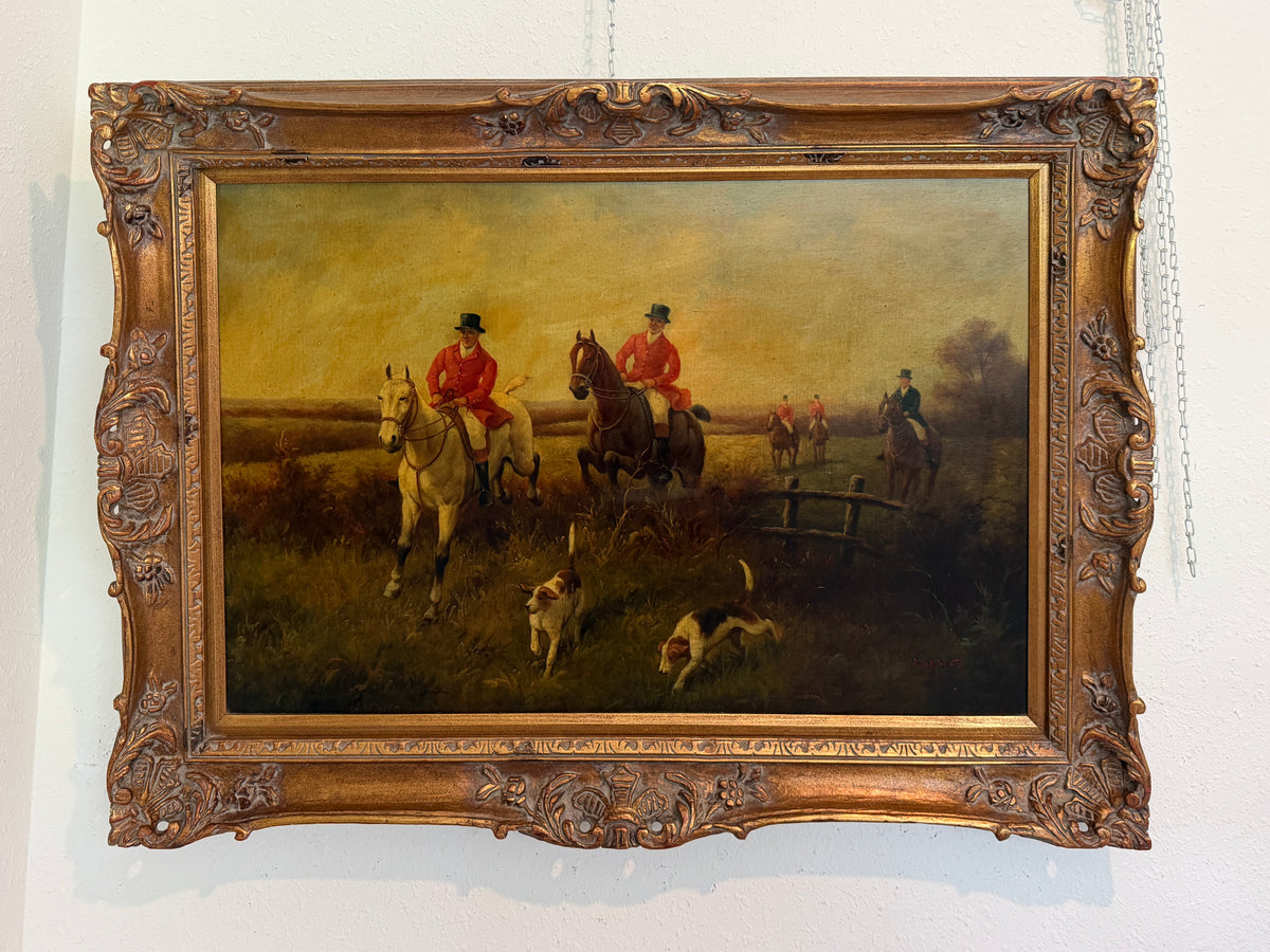 Large Vintage Oil Painting English Fox Hunt Horses Hounds Hunting Scene Signed