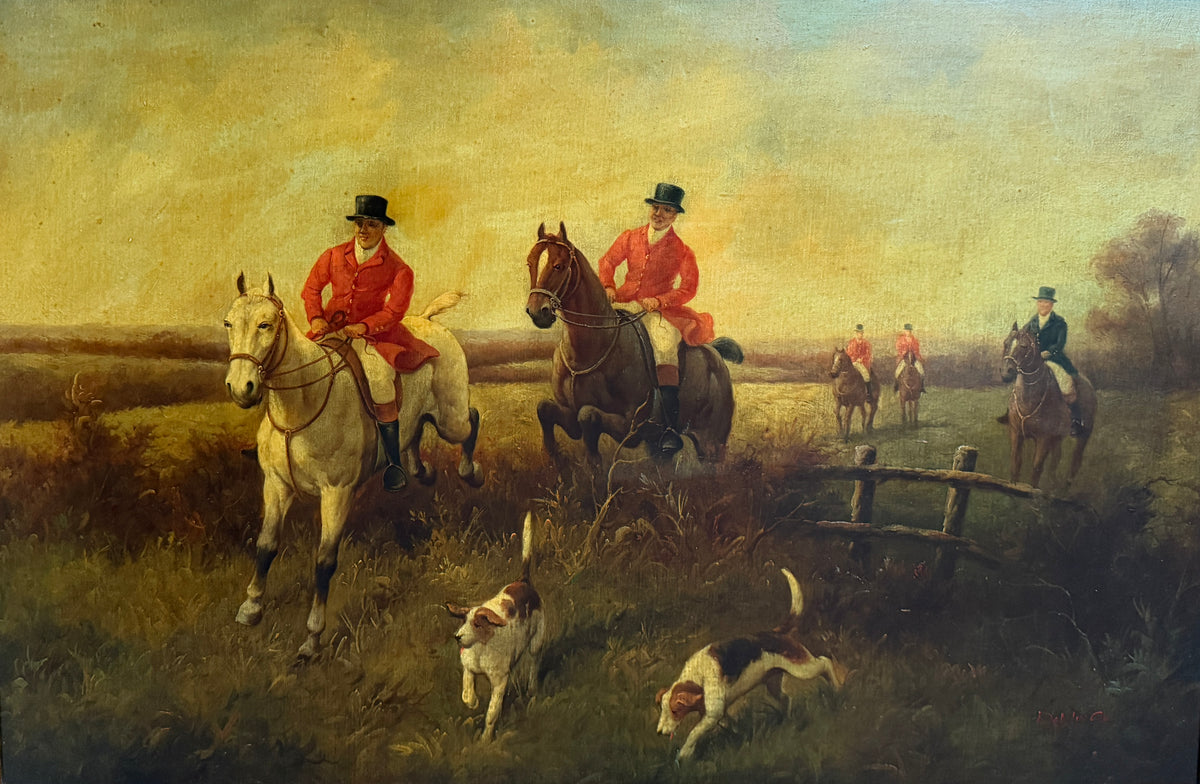 Large Vintage Oil Painting English Fox Hunt Horses Hounds Hunting Scene Signed