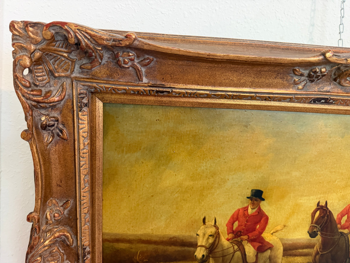 Large Vintage Oil Painting English Fox Hunt Horses Hounds Hunting Scene Signed