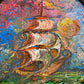 Serg Graff “Golden Voyage” Original Oil Painting Ship at Sea Round Wood Frame
