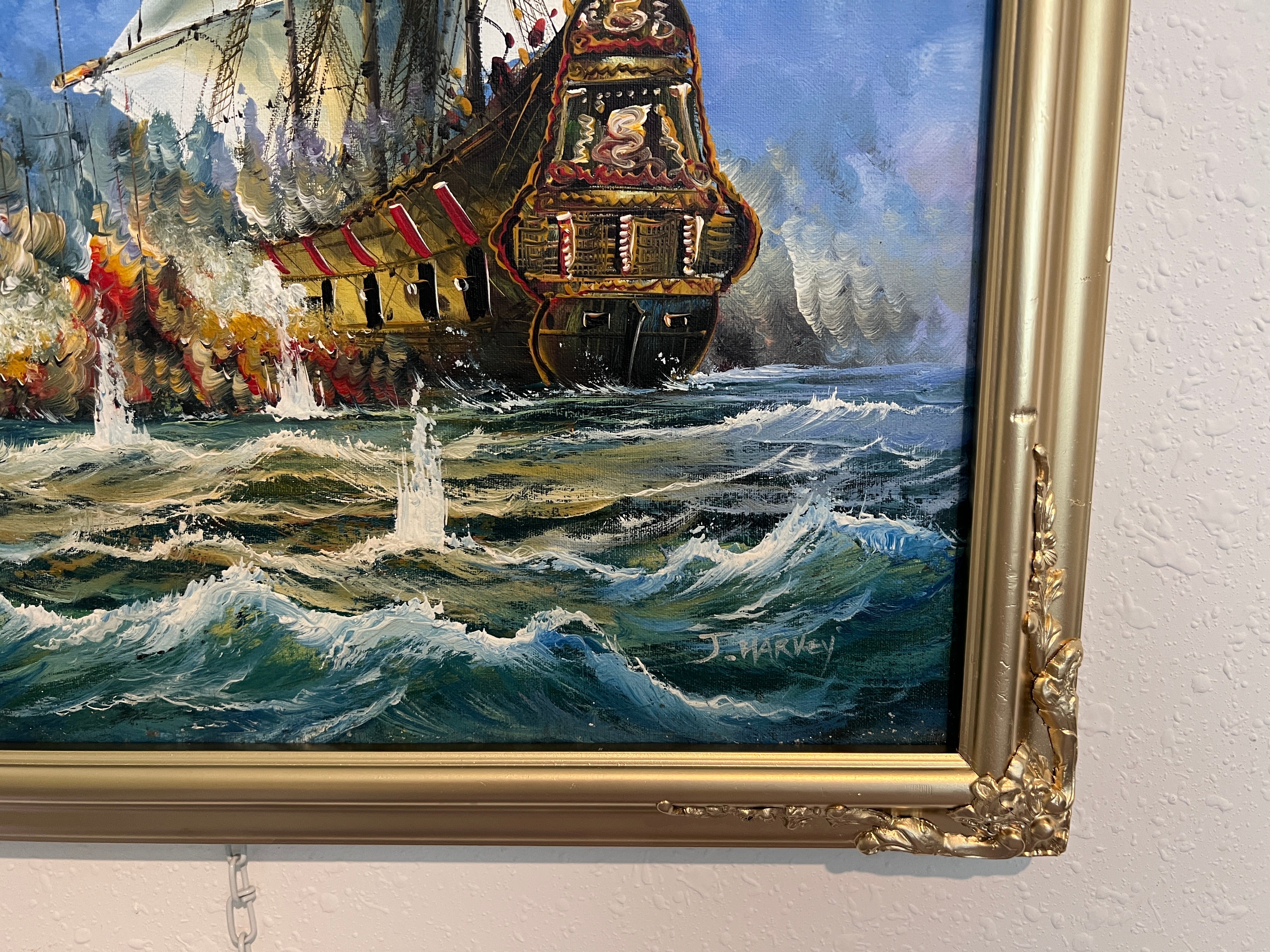 Original Maritime Oil Painting – Naval Battle Scene – Signed J