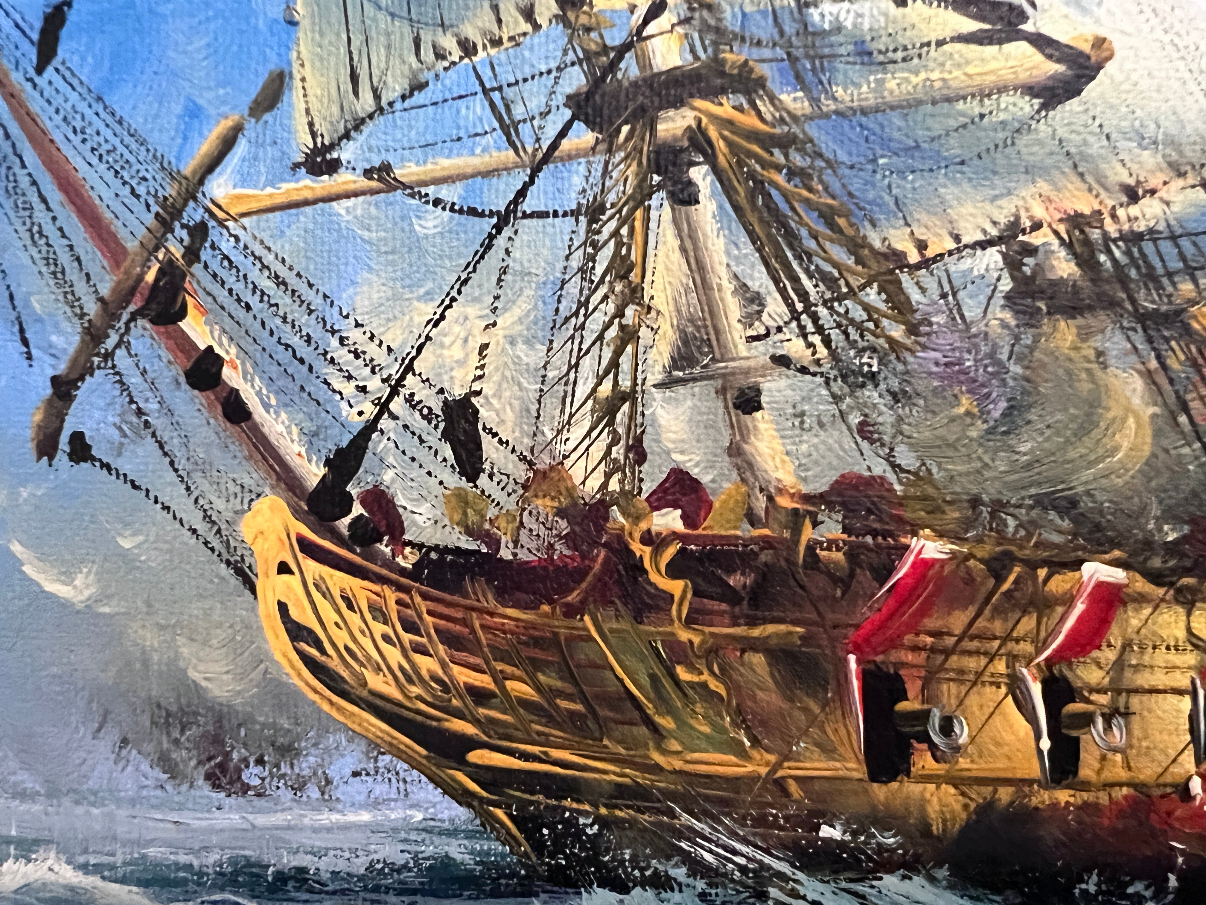 Original Maritime Oil Painting – Naval Battle Scene – Signed J