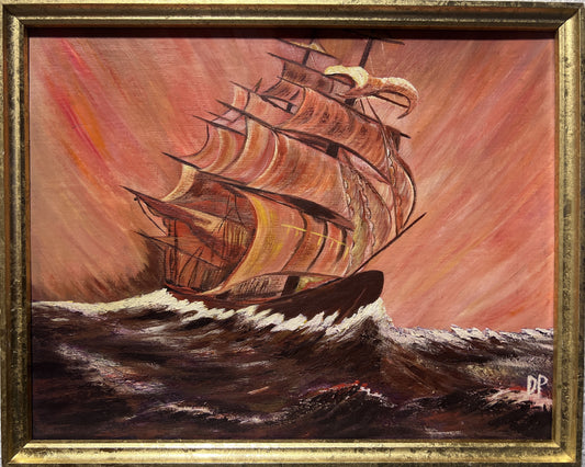 Vintage oil painting on board, seascape,Clipper ship, Sunset, Signed, framed