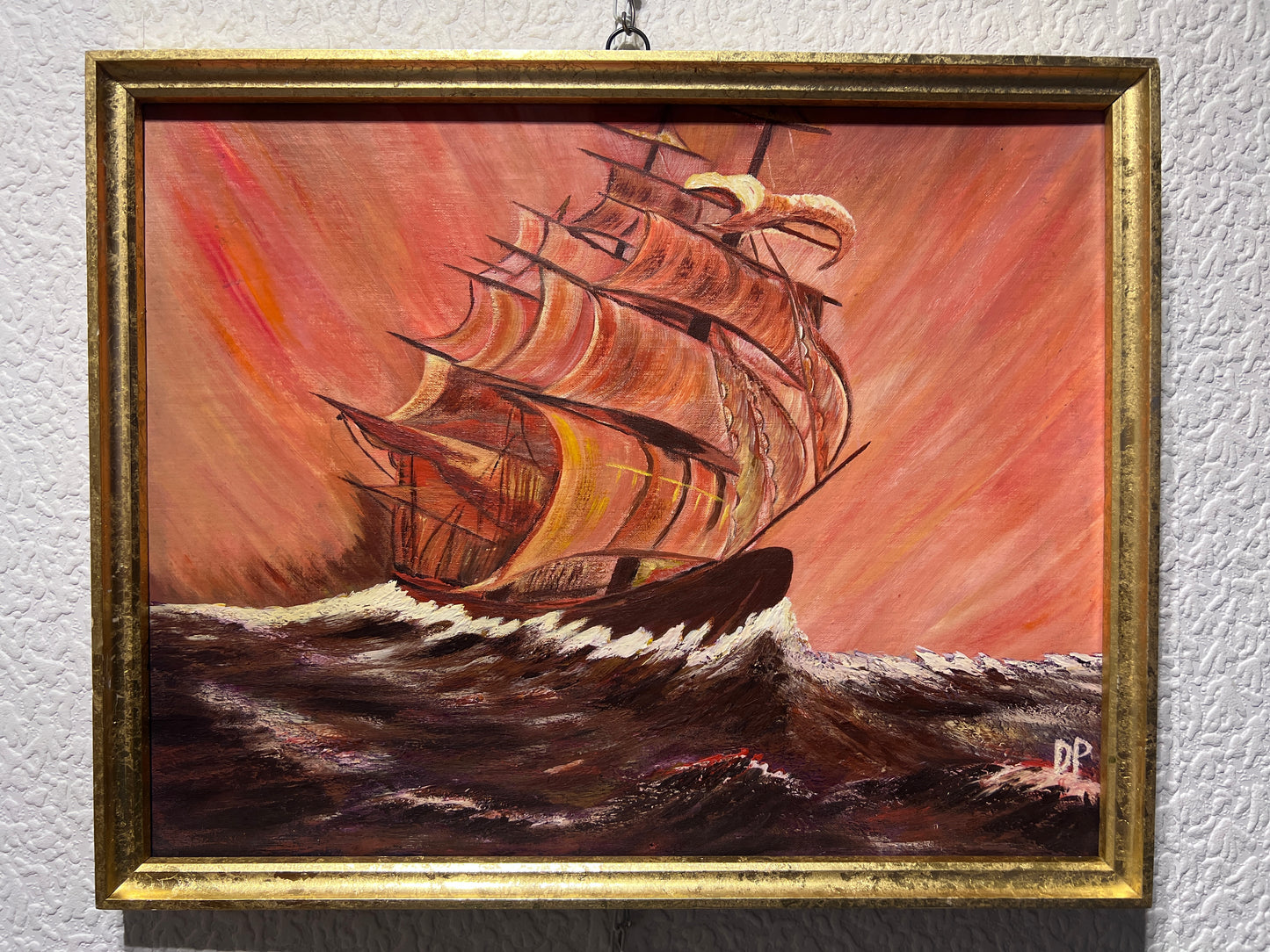 Vintage oil painting on board, seascape,Clipper ship, Sunset, Signed, framed