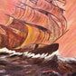 Vintage oil painting on board, seascape,Clipper ship, Sunset, Signed, framed