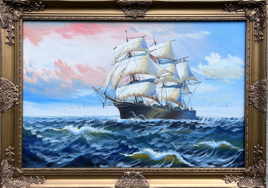 Original Marine Oil Painting Tall Ship on Open Sea | Nautical Seascape Art