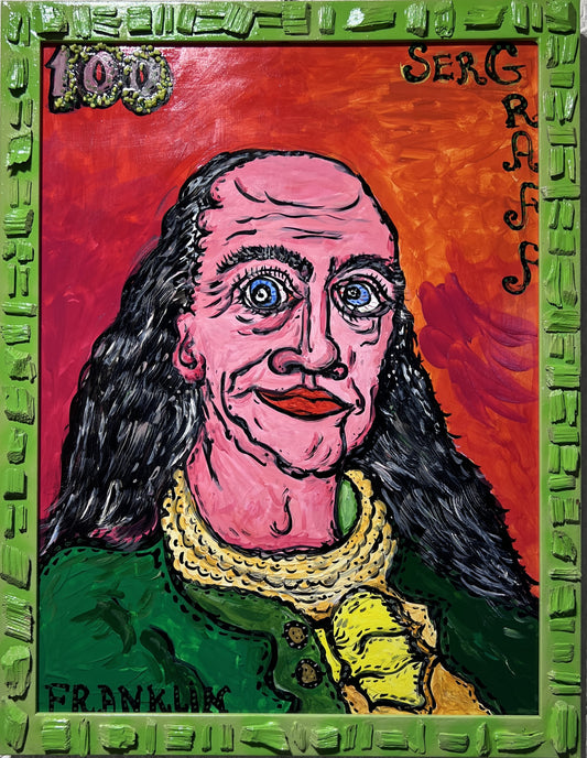 Original painting on board, Portrait of Benjamin Franklin signed Serg Graff, COA