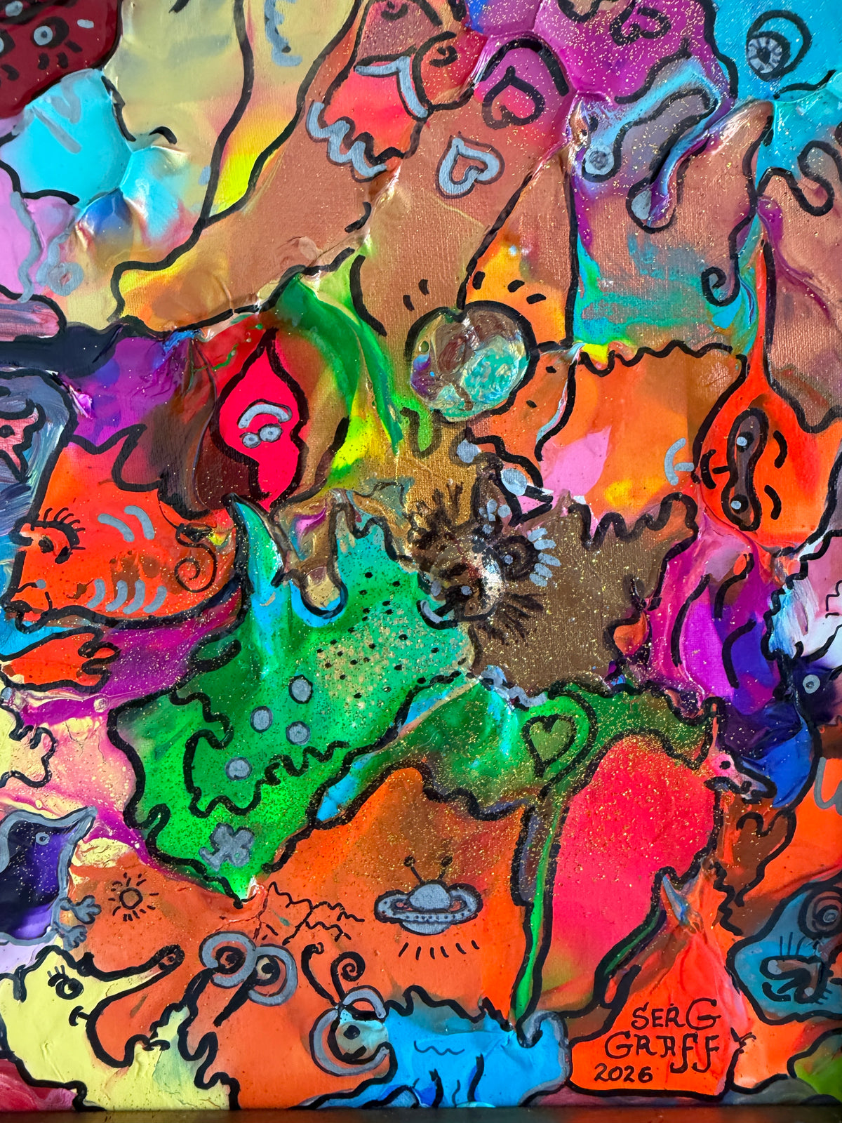 Original Abstract Painting Serg Graff "UFO" Surreal Fantasy Pop Art, COA