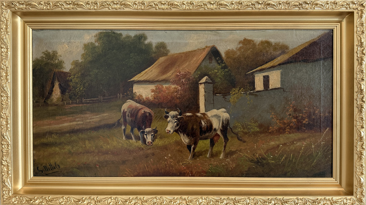 Antique Oil Painting on canvas Cows Farm Landscape Pastoral Scene Signed Framed