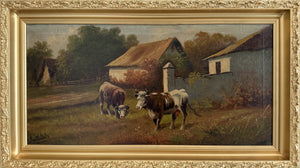 Antique Oil Painting on canvas Cows Farm Landscape Pastoral Scene Signed Framed
