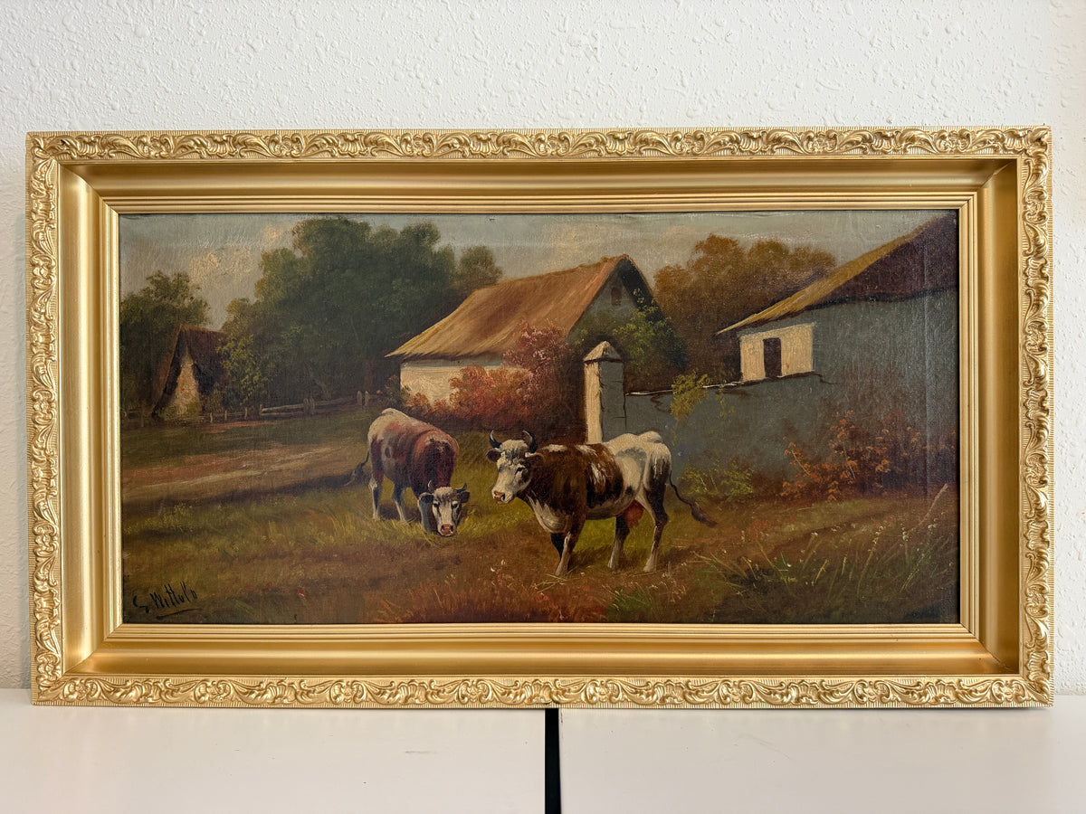 Antique Oil Painting on canvas Cows Farm Landscape Pastoral Scene Signed Framed