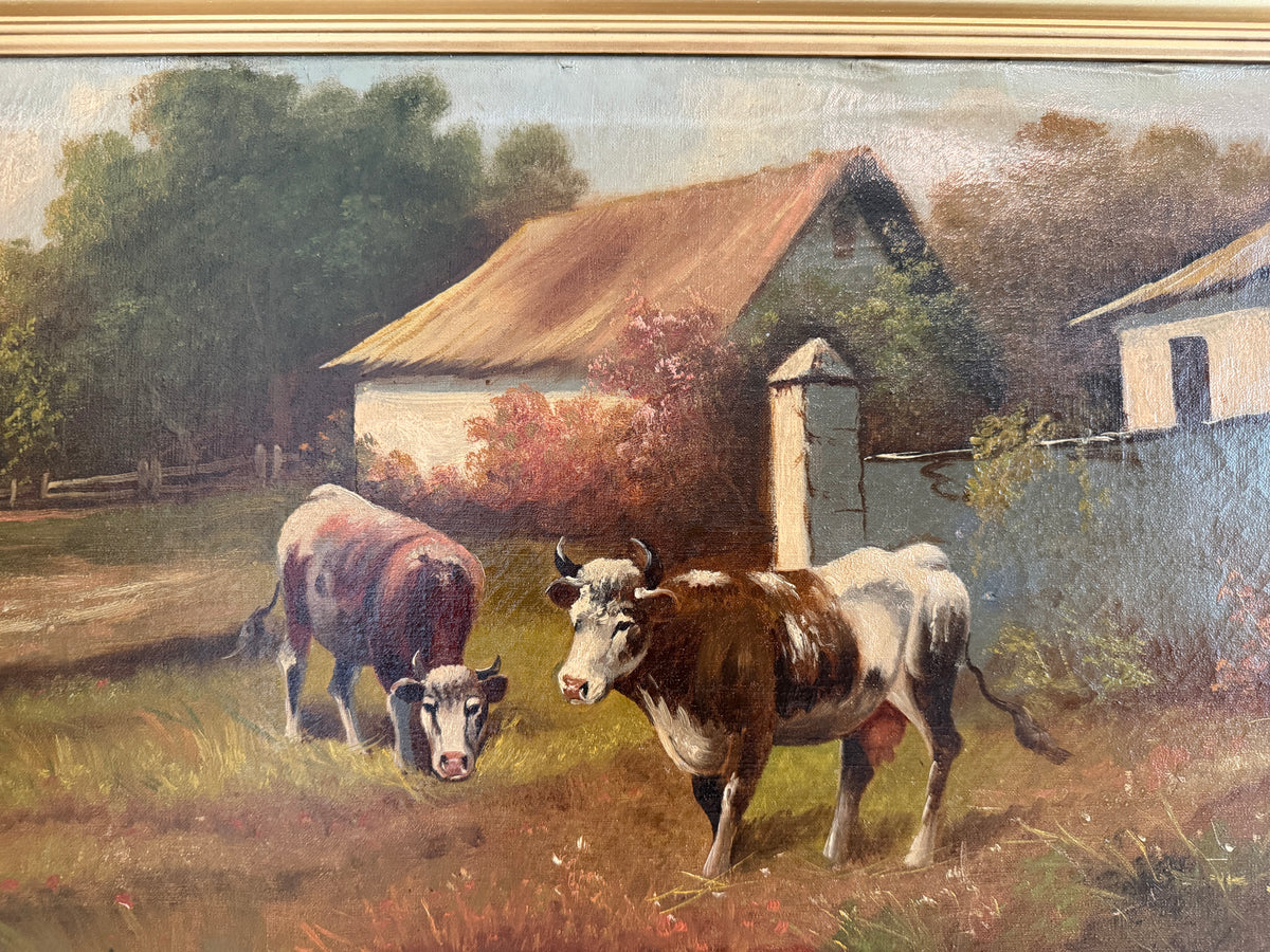 Antique Oil Painting on canvas Cows Farm Landscape Pastoral Scene Signed Framed