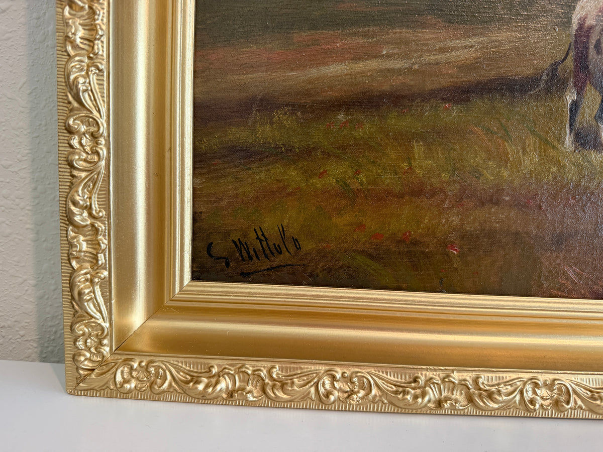 Antique Oil Painting on canvas Cows Farm Landscape Pastoral Scene Signed Framed