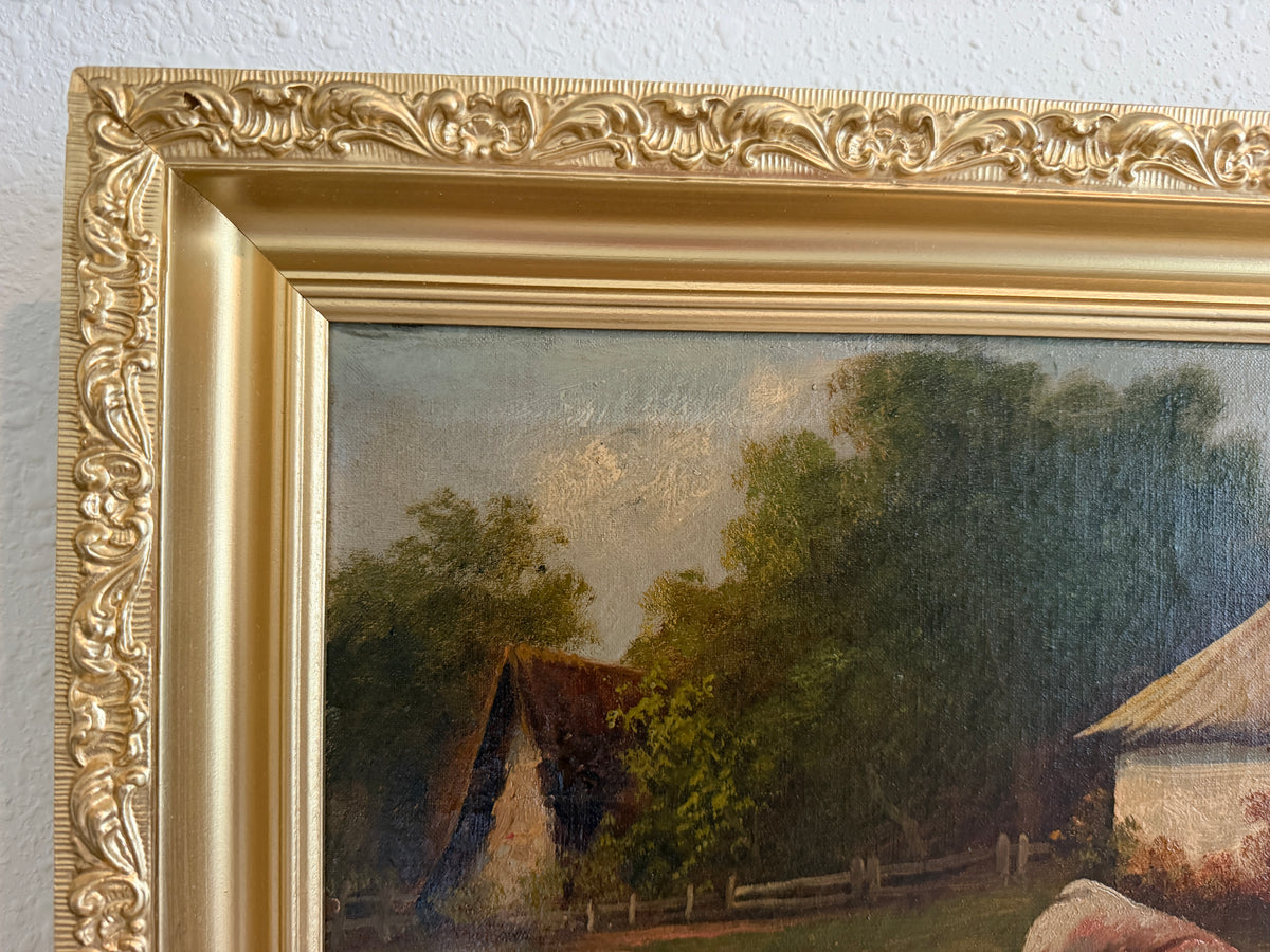 Antique Oil Painting on canvas Cows Farm Landscape Pastoral Scene Signed Framed