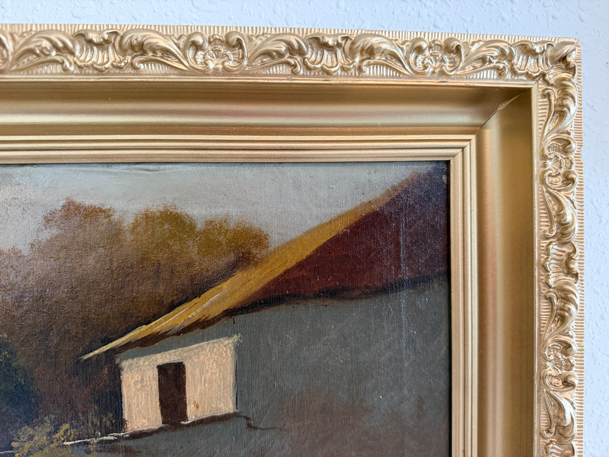 Antique Oil Painting on canvas Cows Farm Landscape Pastoral Scene Signed Framed
